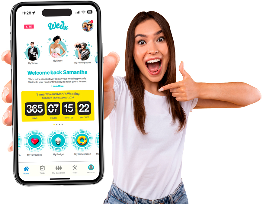 Woman showing the Wedx App with excited face