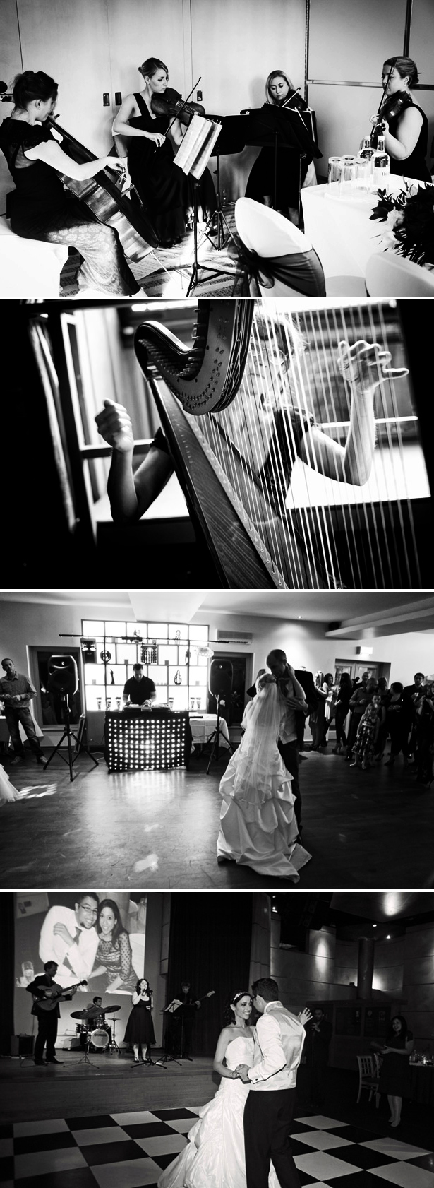 Real Wedding music monochrome black and white string quartet, harp, DJ and singer