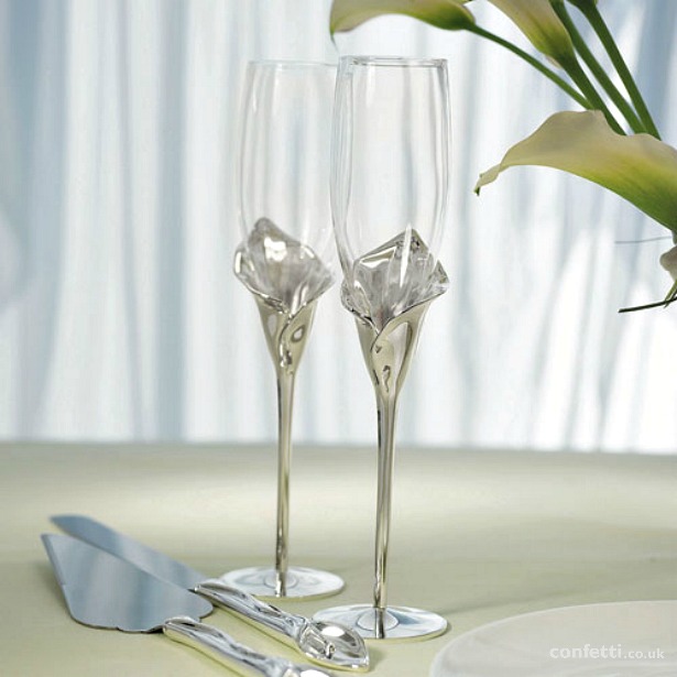 Silver calla lily stem glass wedding champagne flutes | Confetti.co.uk