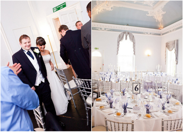 bride and groom walking into reception