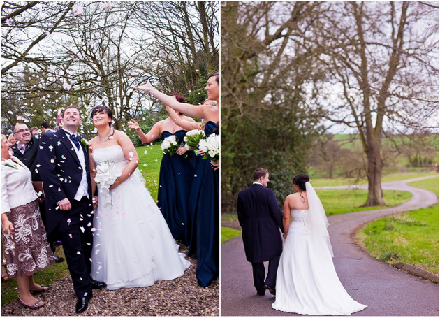 bride and groom walking winding road