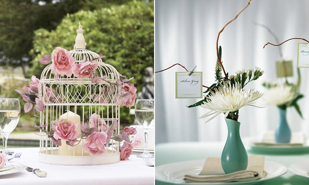 Wedding reception centrepiece birdcage and vases by Confetti