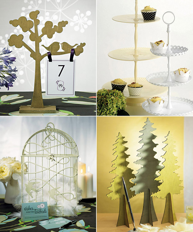 Reception Table Wooden Trees White Cake Stand & Love Bird Birdcage