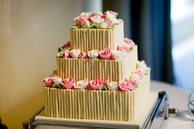 Sage Green and Pink Roses Ivory Wedding Cake