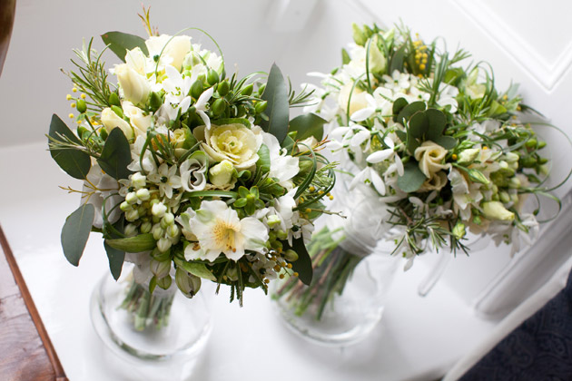 Bridal and Bridesmaid Ivory and Green Bouquets