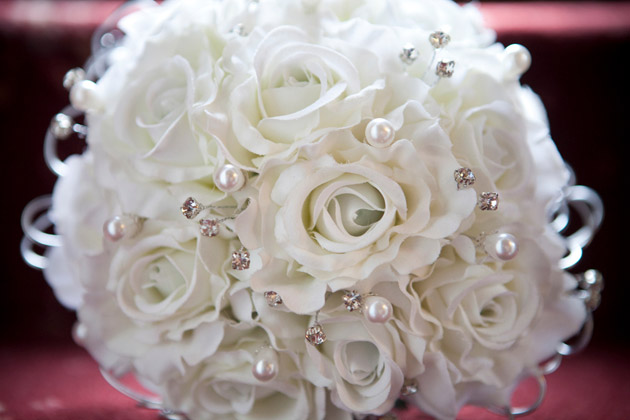 White Bridal Bouquet With Crystals & Pearls