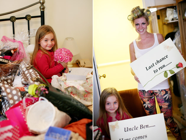 Flower Girl and Bride with 'Here Comes the Bride' Signs