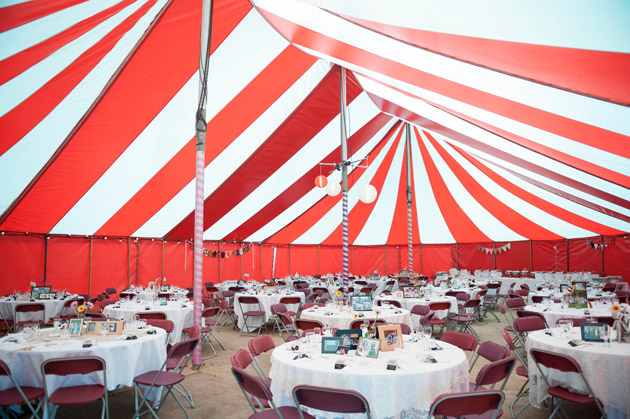 Inside Red and White Wedding Marquee