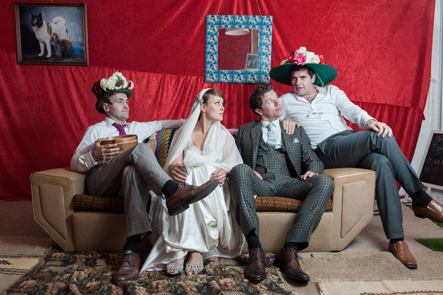 Bride and Groom with Groomsmen on Couch