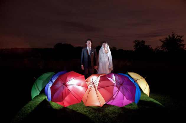 Bride and Groom With Lighted Umbrellas