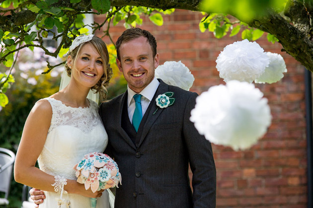 Bride and Groom and Hand Made Pom Poms