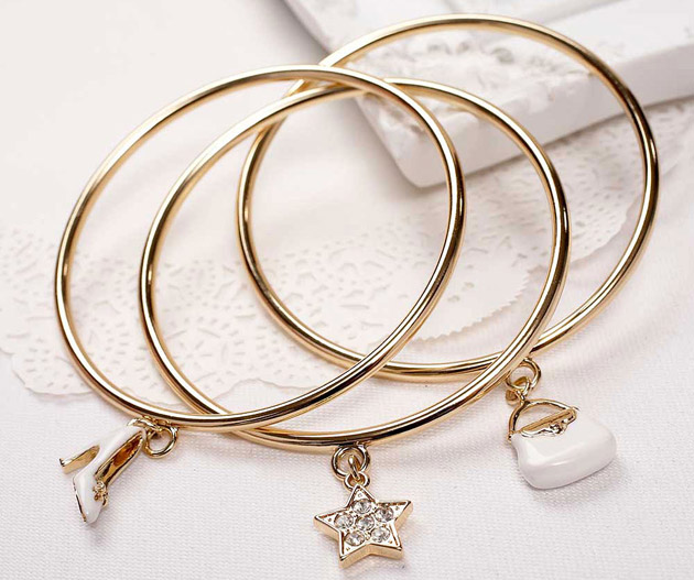 3 Gold Bangles with Charms