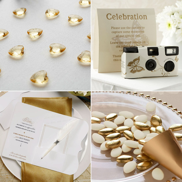 Gold Table Gems Butterfly Camera Sugared Almonds Feather Favour Pen