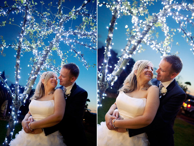 Bride and Groom Outside Under Glittering Tree