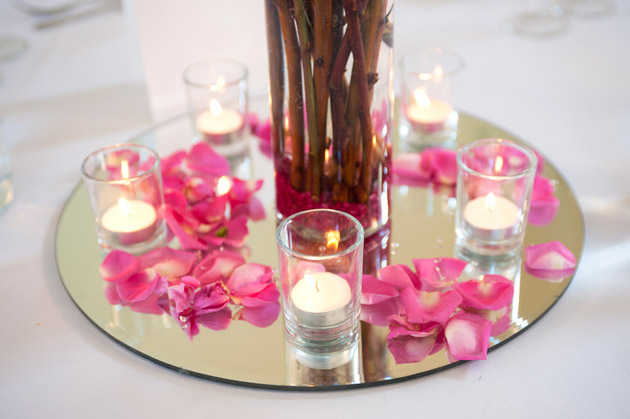 Wedding Table Centrepiece Mirror Candles and Pink Confetti