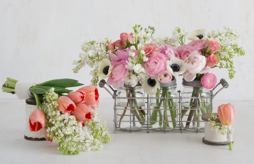 Pastel Pink and White Wedding Flowers - DIY Spring Florals - DIY Summer Flowers - DIY Pastel Pink Wedding Centrepiece - DIY Spring Boutonniere - DIY Summer Bouquet - Tulips, White Lilac, Peonies, Pink Ranunculus, Peach Spray Roses, White Stocks, and White Anemones | Confetti.co.uk