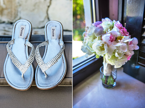 Bride's beach flipflops and bouquet