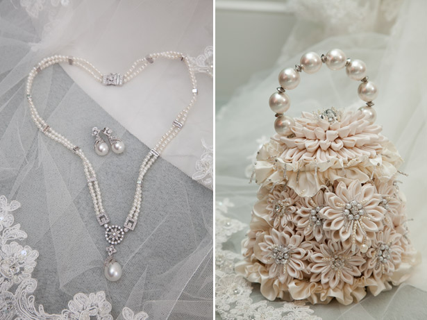 Bride's Jewellery And Bag with Flowers and Pearls and Silver