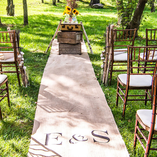 Rustic themed personalised burlap aisle runner