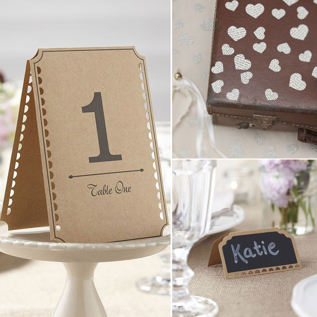 Rustic themed table numbers pack confetti and place cards with chalkboard