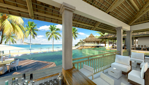 View from the bar seating area across the beach to the ocean