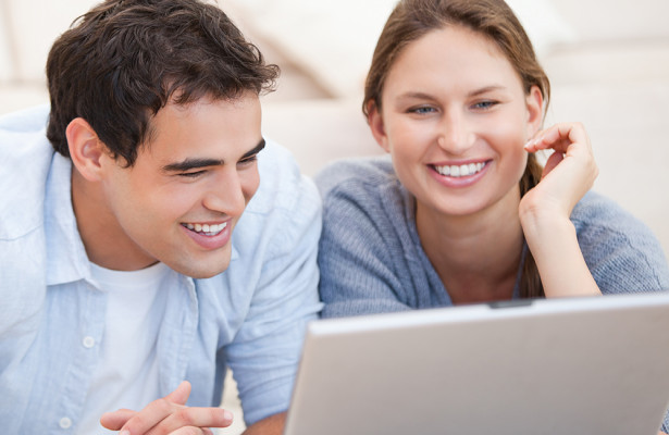 Wedding planning couple laughing