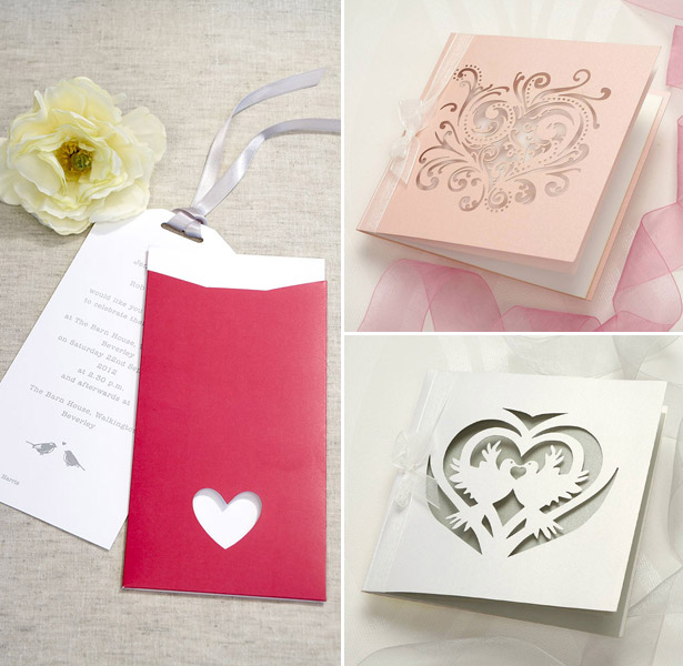 Pink and white ornate laser wedding invitations and tag