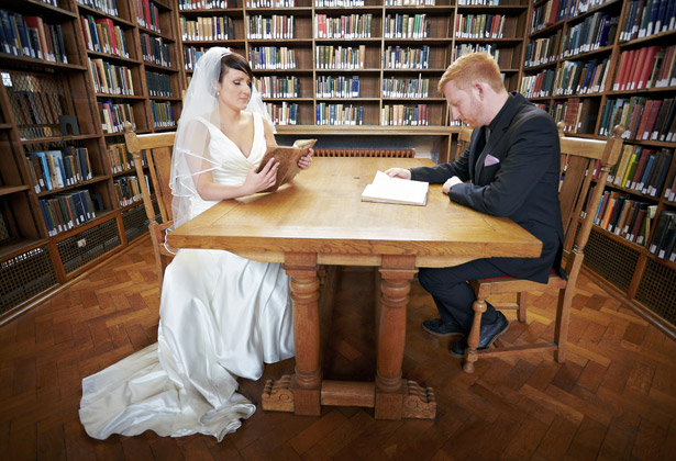 bride groom library reading