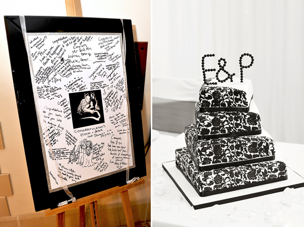 Black and white wedding cake and signing frame