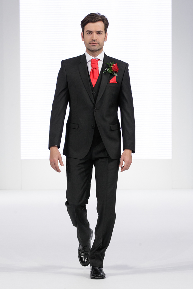 Contemporary designer menswear for the groom with red wedding colour scheme