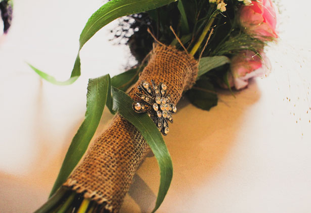 Burlap handle wrapped brooch bouquet 