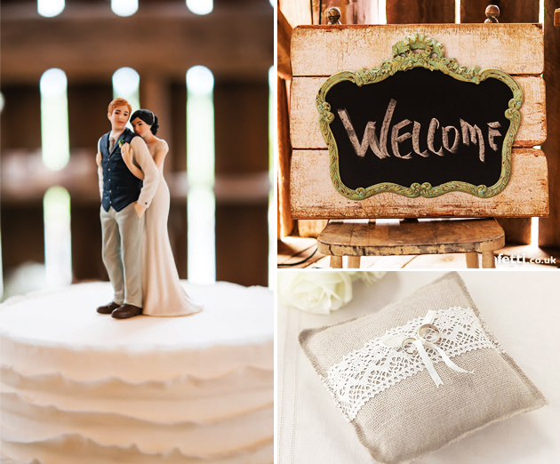 Rustic Chalkboard on Faux Wood, Hessian Ring Cushion, "A Sweet Embrace" Bride Embracing Groom Cake Topper