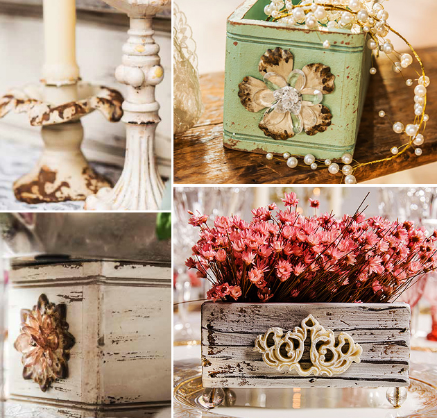 Rustic Shabby Chic Table Decoration ideas with Resin and Iron Taper Candle Holders, Ornate Boxes, and Jewel-Footed Wooden Boxes with Aged White Finish