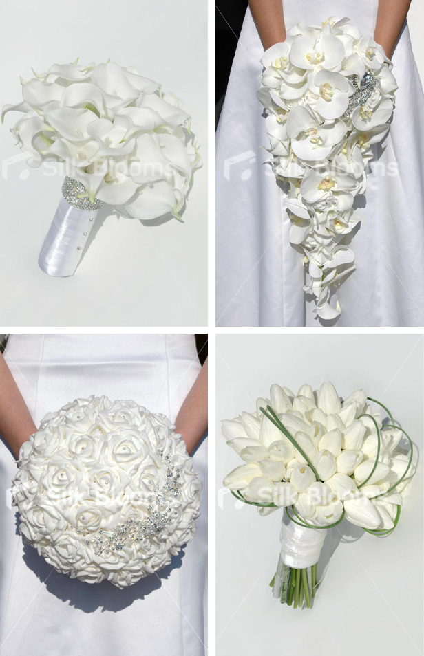 Silk Blooms minimal spring wedding white flower bouquets with lily, orchid, rose and tulip