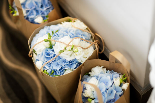 Blue and white hydrangeas wedding bouquets 