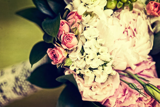   Mixture of white, blush flowers for bridal bouquet 