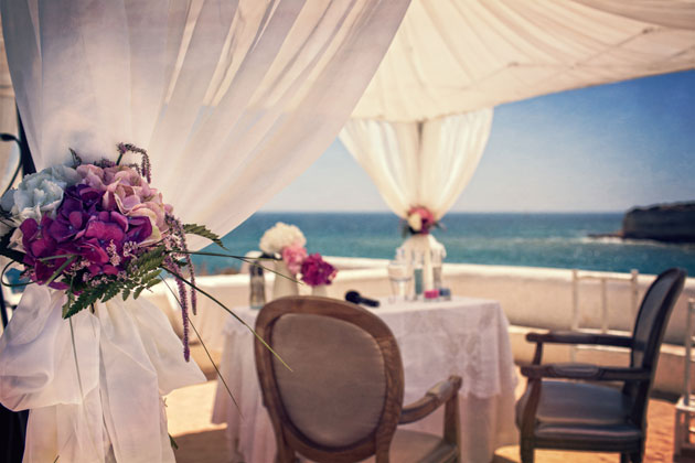 White and purple hydrangeas ceremony flowers 