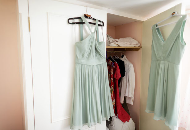 Pale green halter neck bridesmaids dress 