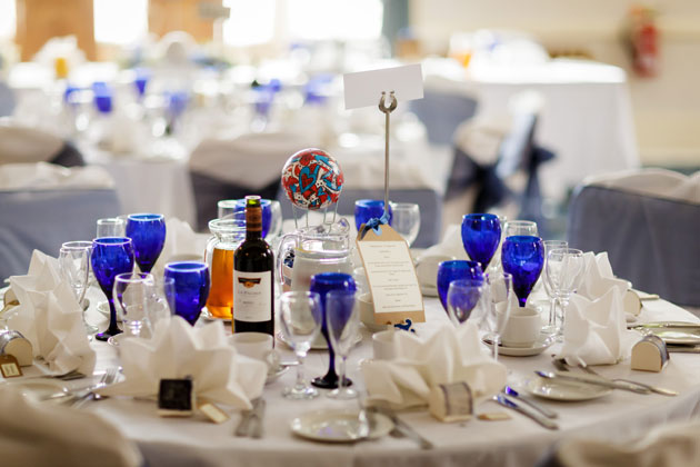 Blue and white themed wedding reception 