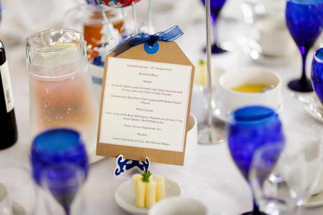 Blue and white themed wedding table decor