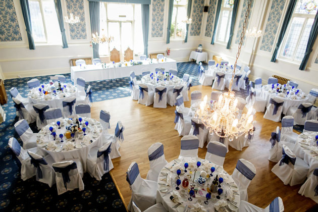 Blue and white themed wedding reception