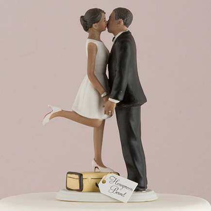 Mix and Match Bridal Cake Toppers - "A Kiss And We're Off!" Figurine - Dark Skin Tone - Travel Wedding Theme Decor - Wanderlust Bride Cake Topper | Confetti.co.uk