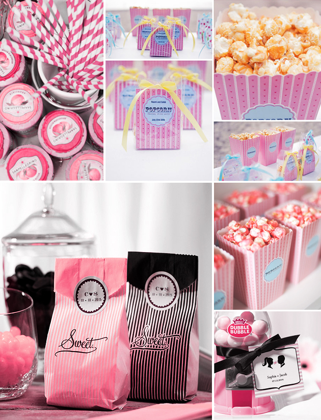 Pink and white 1960s style popcorn and sweets for your wedding