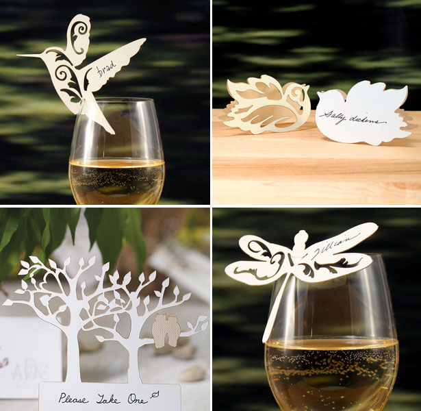 Delicate laser-cut bird, butterfly and tree place cards by Confetti