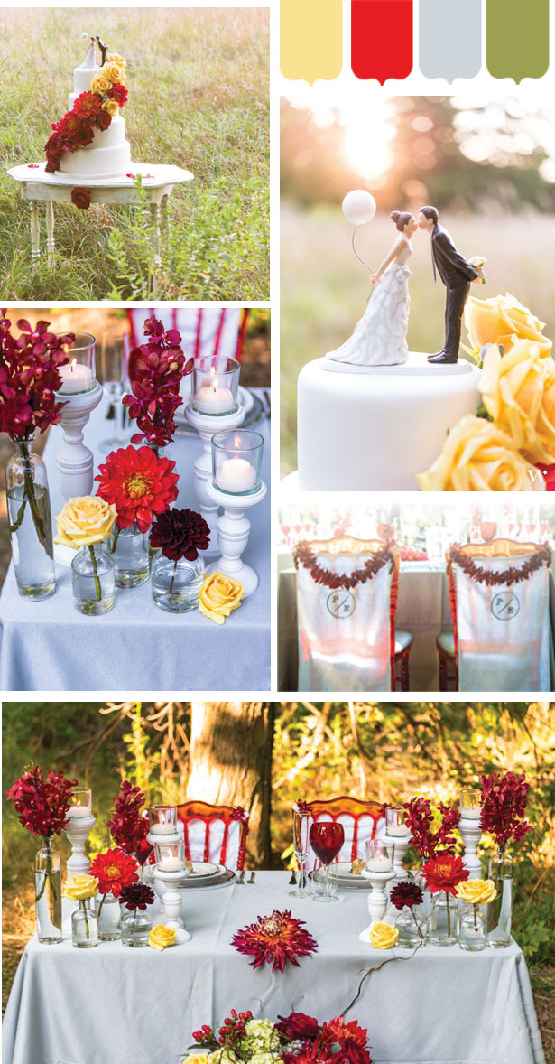 Red and yellow spring wedding inspiration mood board 