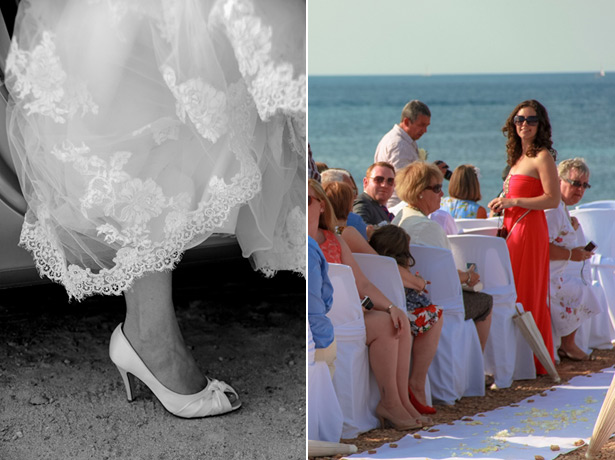 Bride stepping out the car, guests look on from their seats 