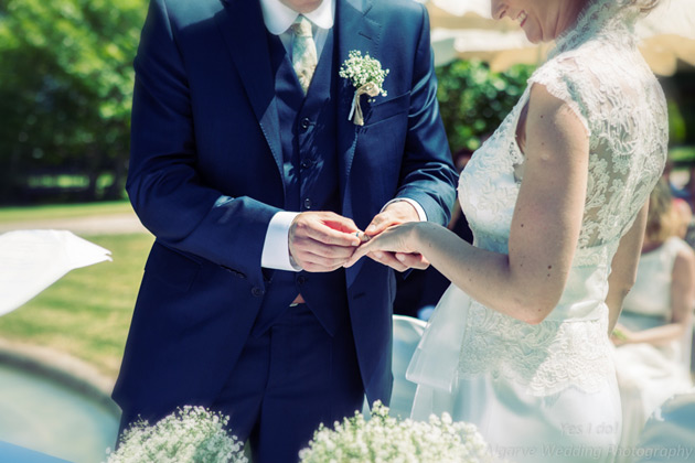 Bride and groom exchanging wedding rings 