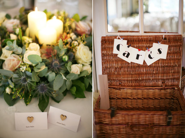 Basket for wedding cards and candle and floral wedding centrepiece    