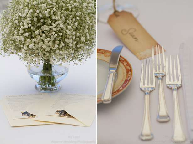 Baby breath centrepiece with vintage place card tags             