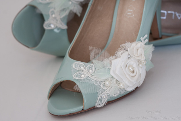 Mint coloured pep toe wedding shoes with white rose detail    